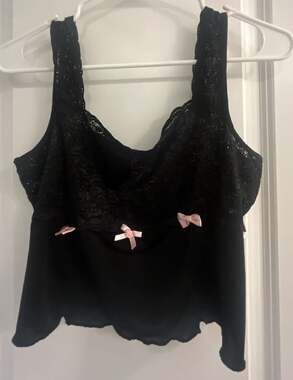 Rokit Originals Black Lace Cami Tank Lingeriewith Pink Ribbon Bows